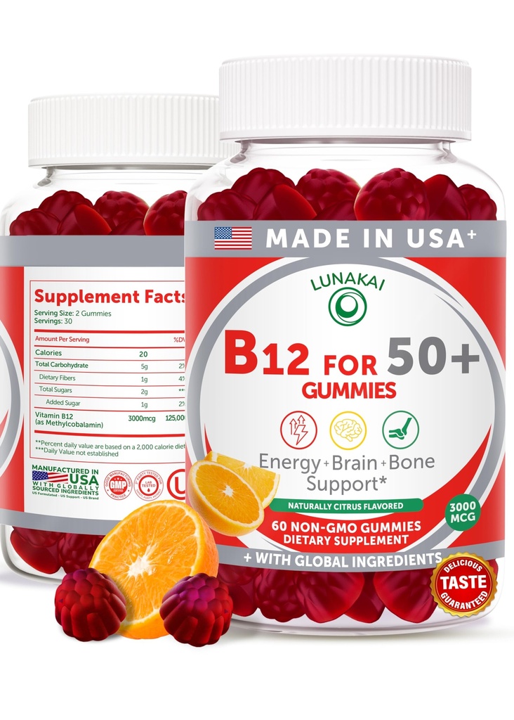 Lunakai USA Made Vitamin B12 Gummi für Erwachsene 50+, Non-GMO B12 für Energie & Vitalität Boost, Delicious Orange Flavor, 60ct