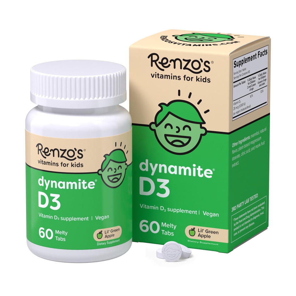 Renzo's Dynamite Vitamin D3, lösende Kinder Vitamin D3, 60 zuckerfreie Melty Tabs, Lil’ Green Apple Flavored