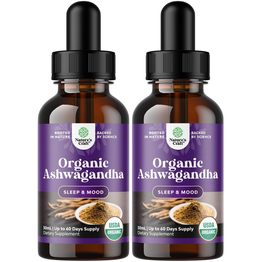 Natures Craft USDA Organic Ashwagandha Liquid Drops - Liquid Ashwagandha Root Extract for Stress and Mood Support - Tasty Adaptogenic Tincture Non GMO Vegan Gluten Alkohol und Sugar Free (2 Pack)