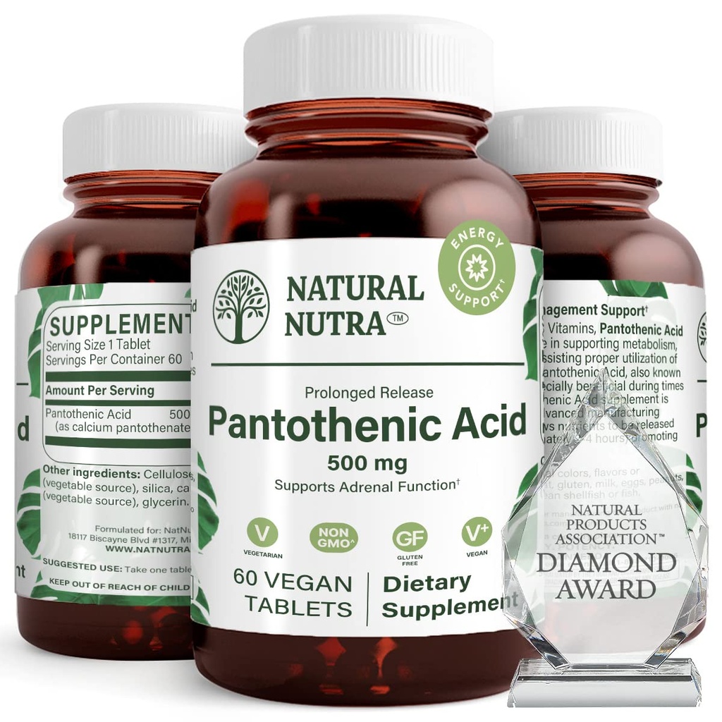 Acide pantothénique naturel à libération dans le temps Nutra 500 mg, supplément vitamine B5 aide à briser les graisses et les glucides, le métabolisme et l'énergie, améliorer la santé musculaire, réduire les taches de peau, 60 comprimés végétariens