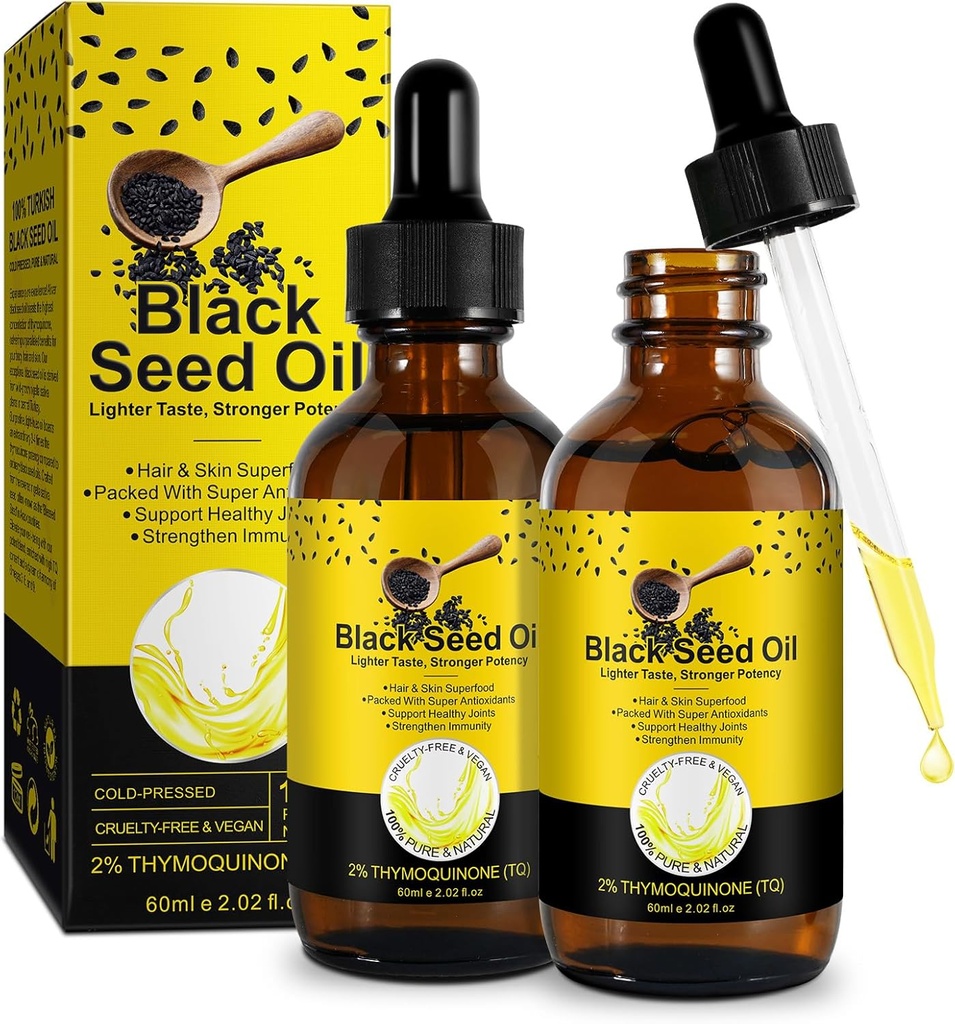 Schwarzes Saatgutöl 2PACK, 100% reines Schwarzes Saatgut Öl kalt gepresst Unrefined, reich an Vitamin D3, K2 & E, Schwarzes Saatgut Öl Beilage Tropfen für Immununterstützung, Non-GMO (2x60ml)