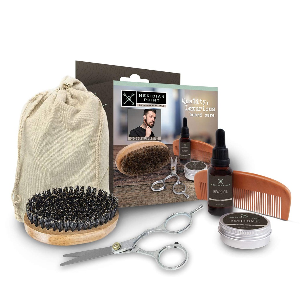 Kit d'entretien des barbes pour hommes Le kit d'entretien des barbes comprend des accessoires - Baume et huile de barbe naturelle non parfumé, peigne en bois et brosses à bretelles, ciseaux en acier inoxydable