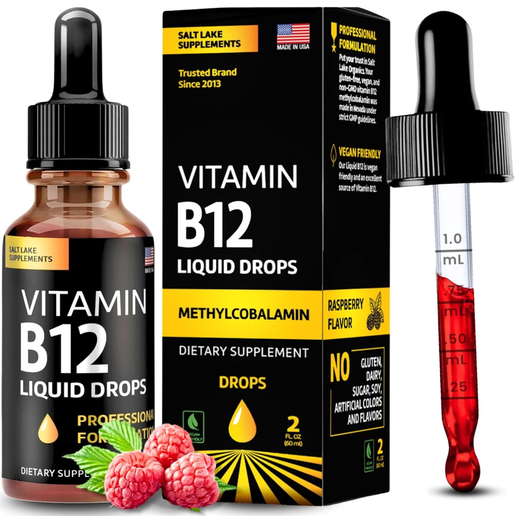 Vitamin B12 Flüssigkeitstropfen - Vegan B12 Vitamine 5000 mcg Methylcobalamin Fast-Acting Sublingual B Complex Liquid Vitamin B2, B3, B6 - Non-GMO, No Dairy, Soy & Sugar, Raspberry Flavor, 2 fl. Unze.