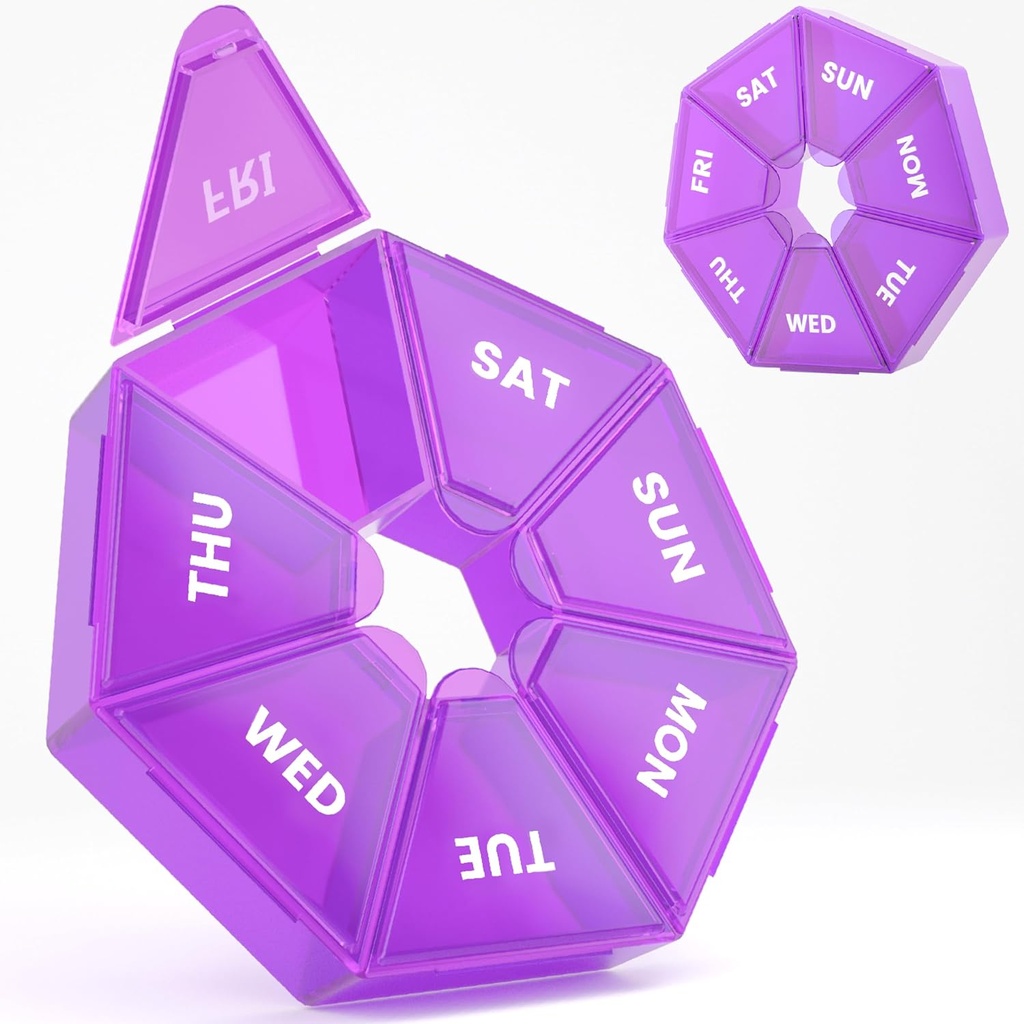 Wöchentliche Pille Organizer, 2 Packung Tragbare Pille Box Medizin Fall 6 Farben (Sieben Tag) Neue Ausgabe für Vitamin/Fish Oil/Pills/Ergänzungen-Arthritis Friendly (Purple)