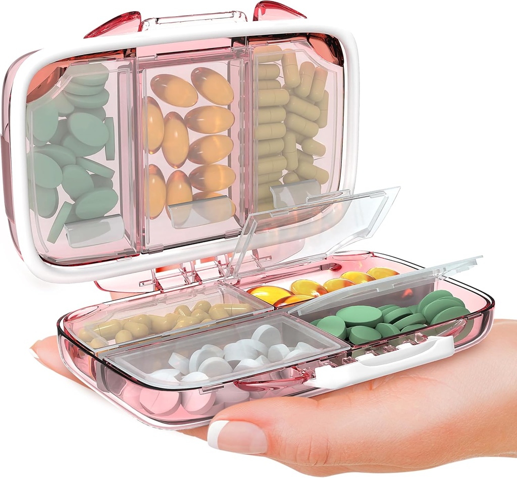 Travel Pill Organizer - Moisture Proof Portable Vitamin Holder mit 7 Komponenten, Kompakte Ergänzung Case für Geldbeutel essentielle Medizin Kit fot Traveling Pocket Pharmacy mit Labels, Pink