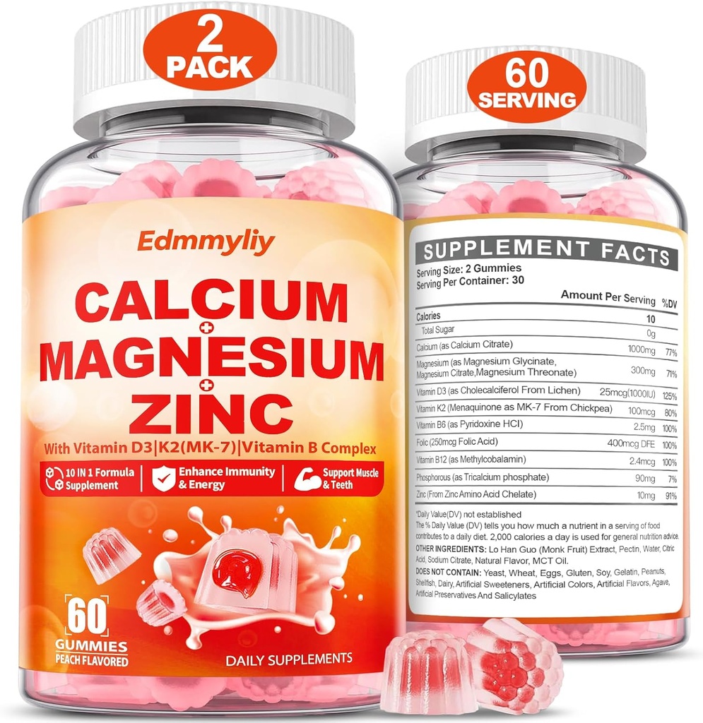 Calcium Magnesium Zink-Ergänzungsgummis mit Vitamin D3 K2 & B-Komplex für Frauen 1000mg Calcium-Zitrat mit Magnesium-Gummien für Knochen, Muskeln und Immununterstützung, Zuckerfrei, Vegan