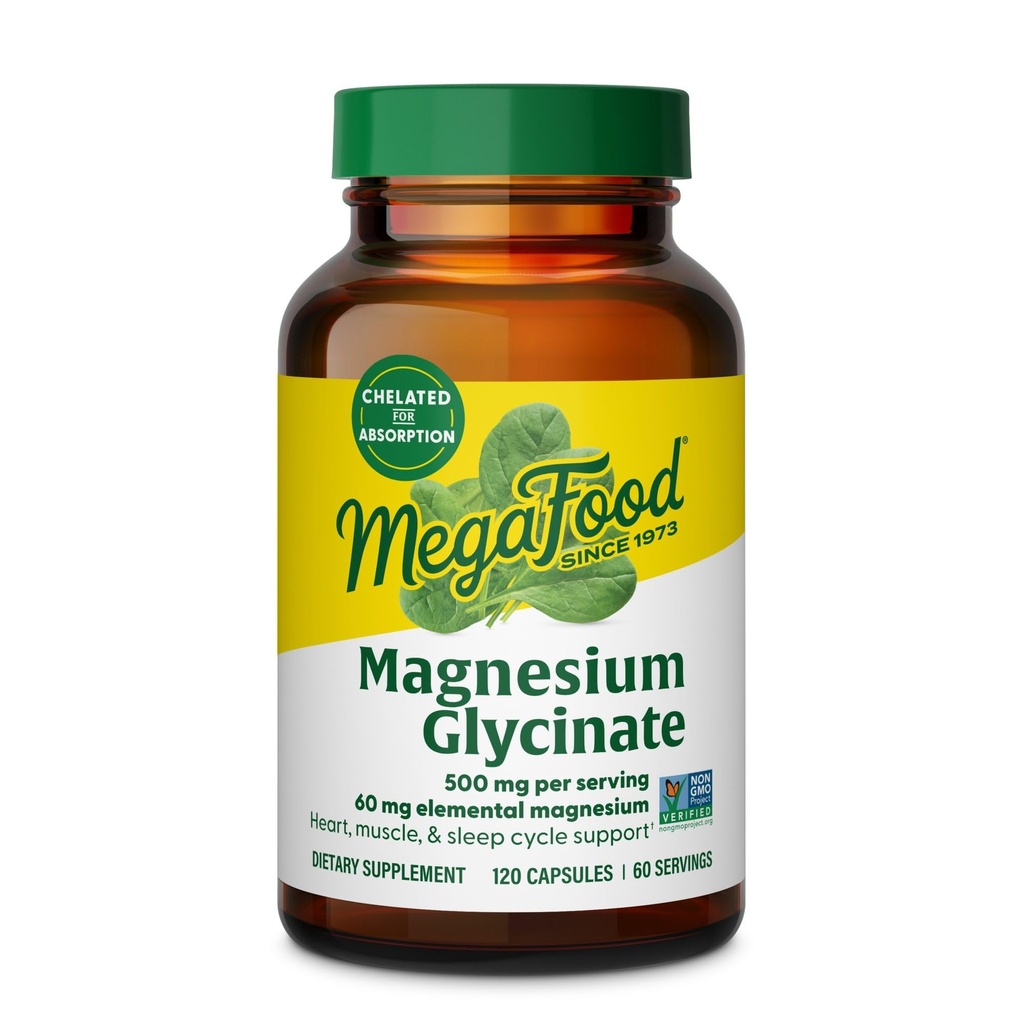 MegaFood Magnesium Glycinate 500mg - Chelat Magnesium Supplement - 60mg Elemental Magnesium - Gentle on the Stomach - Unterstützt normalen Schlafzyklus und gesunde Stressreaktion - 120 Kapseln 60 Portionen