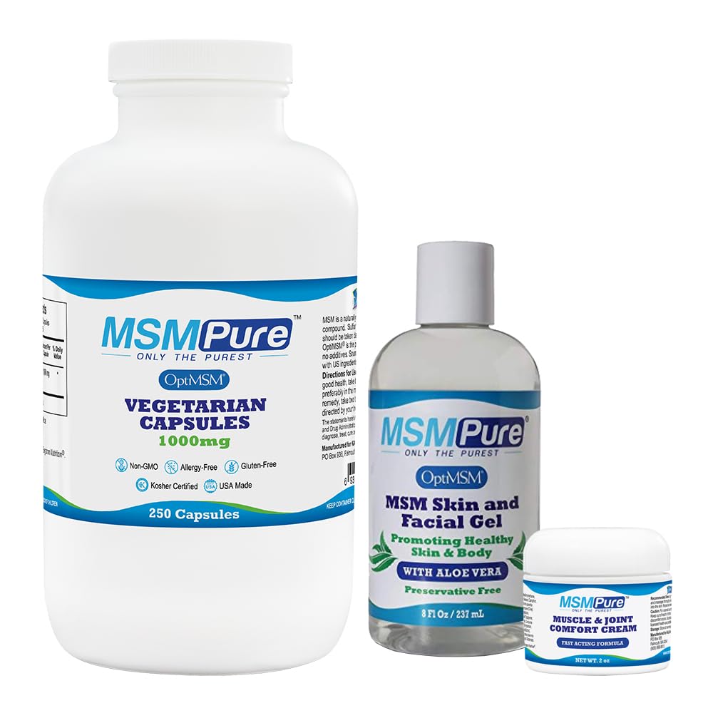 KALA HEALTH MSMPure Starter Bundle mit MSM Capsules 250 Count, MSM Muscle & Joint Cream 2oz und MSM Gel mit Bio Aloe 8oz