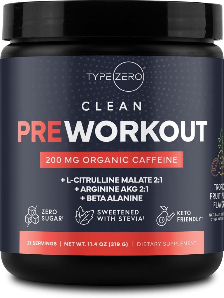 Type Zero Clean Préentraînement (11,3 oz, punch de fruits) + racine de betterave + L-Arginine + L-Citrulline, 2G Arginine, L-Citrulline Malate, Beta A, sans sucre, préparation de caféine biologique pour les hommes et les femmes