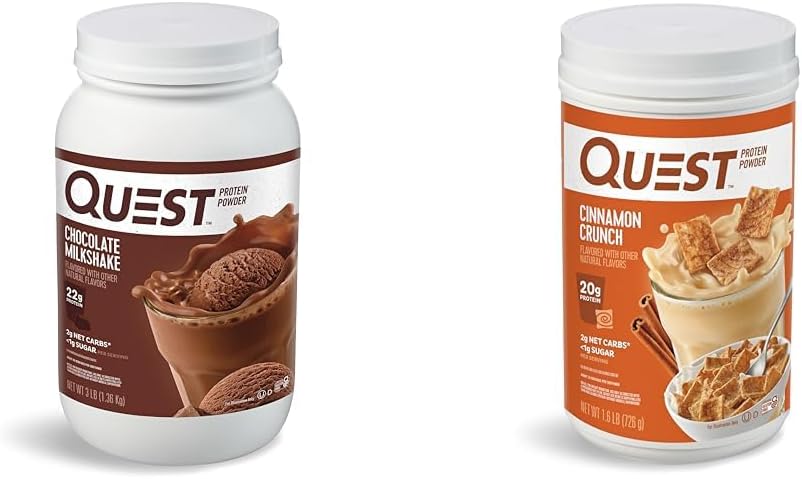 Quest Nutrition Chocolat Poudre de protéines de milkshake, 22g de protéines, 1g de sucre, faible teneur en glucides, sans gluten, 3 livres, 43 portions et poudre de protéines concassées de cannelle, 20g de protéines, 2g de glucides nets, 1g de sucre