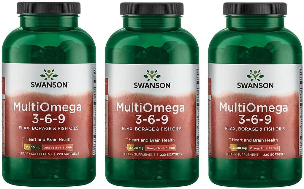 Swanson MultiOmega 3-6-9 - Non-GMO Flax Oil, Borage Oil, '&' Fish Oil Capsules - Essential Fatty Acids Supporting Cardiovascular Health '&' Brain Health - (220 Softgels, 2400mg Servieren) 3 Flaschen