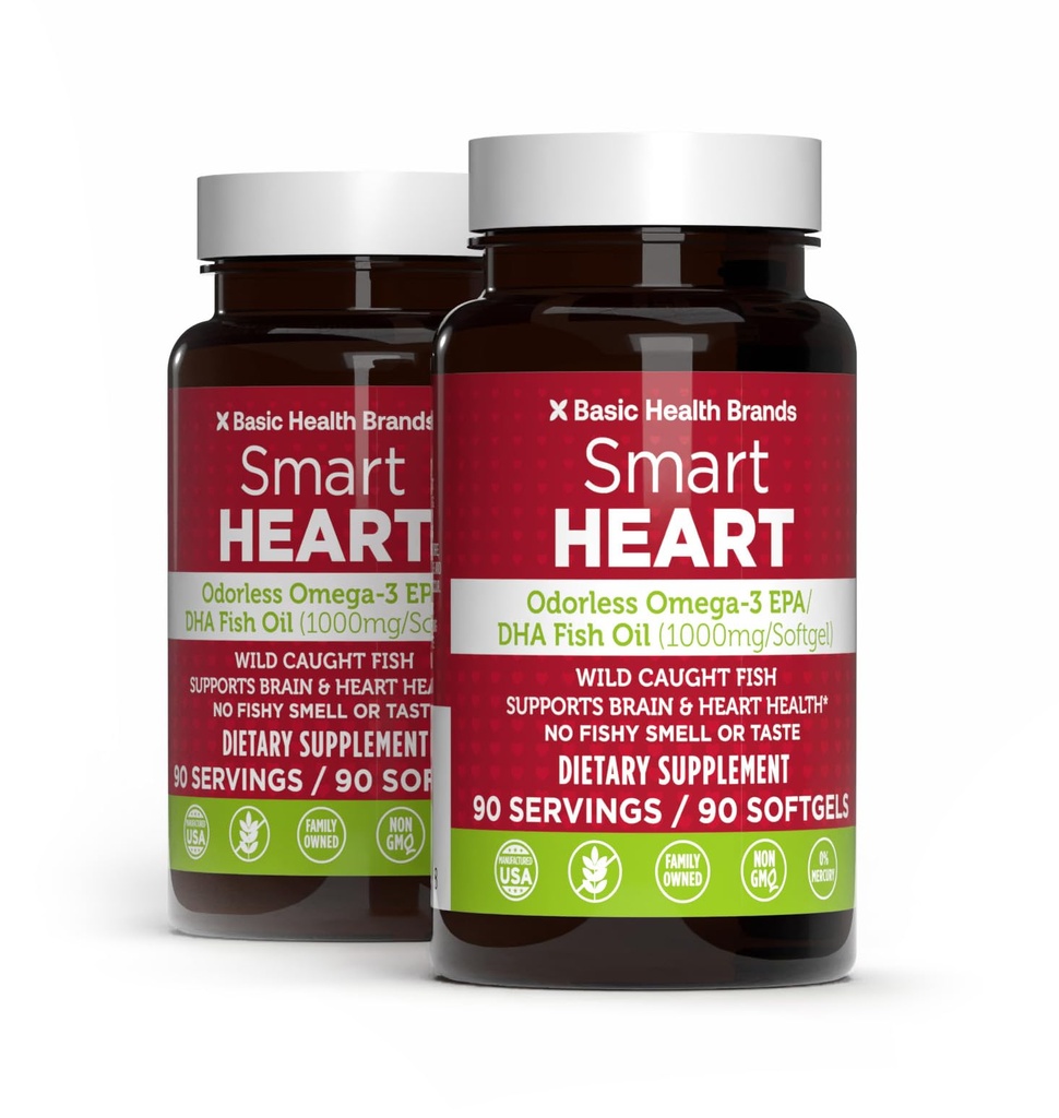 Grundmarken Smart Heart Odorless Omega-3 Fish Oil 1000mg - Dreifache Stärke EPA & DHA, Non-GMO, Herz & Kognitive Unterstützung - 90 Burpless Softgels - 2-Pack