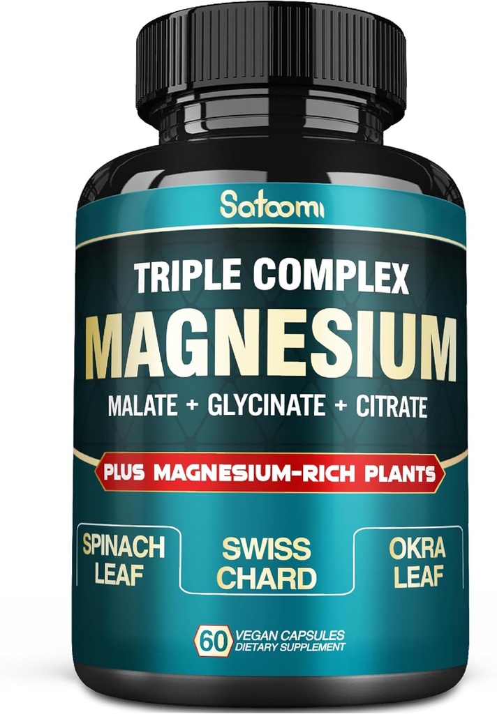Reines Magnesium Glycinat 500mg Kapseln - Hohe Absorption mit dreifachem Magnesium-Ergänzungskomplex mit Glycinat, Malat, Citrat - Unterstützung Herz, Gelenk & Gehirn - 60 Vegan Pillen