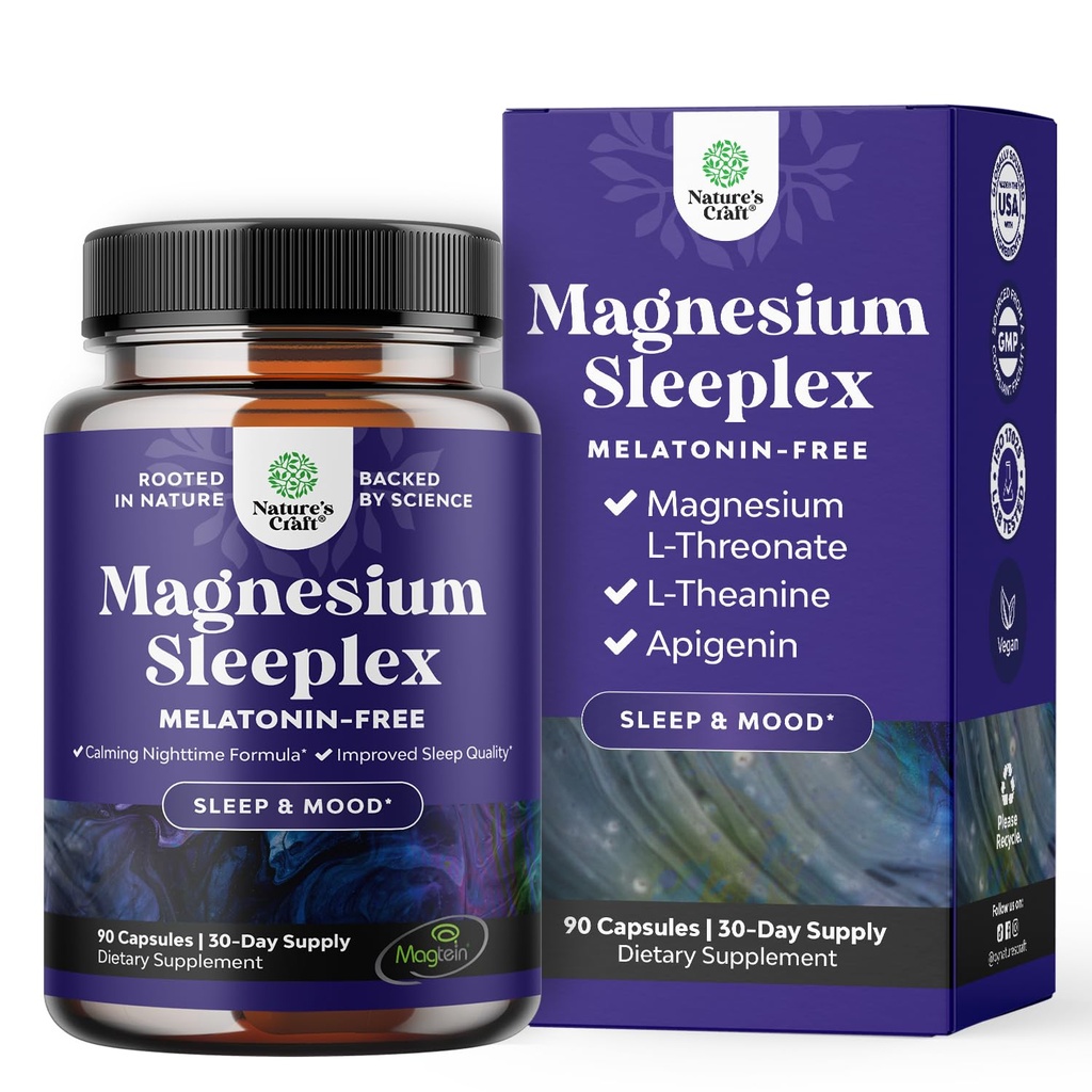 Supplément de sommeil Magnésium à absorption élevée - Soutien au repos Magtéin Magnésium L-Thréonate et Théanine d'apigenine pour le sommeil et le repos pour les femmes et les hommes - Mg L-Thréonate Melatonine Aide au sommeil gratuit - 90 Ct
