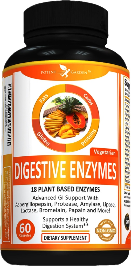 Potent Garden Digestive Enzyme -18 Pflanzenbasierte Enzyme mit Amylase Lipase Bromelain Protease Lactase & weitere Enzyme - Eine Pre Meal Pille unterstützt gesunde Verdauung & Nährstoffaufnahme 60 Caps