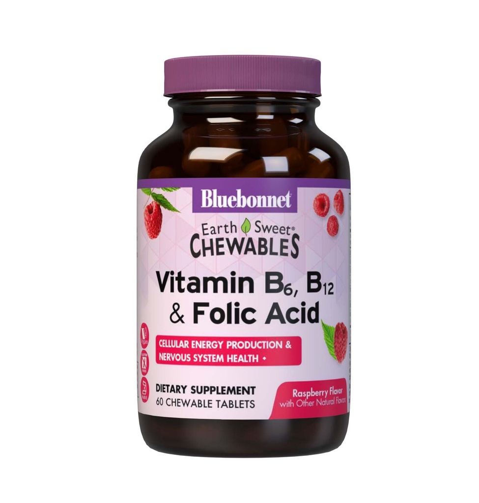 Bluebonnet Nutrition Earth Sweet Vitamin B6, B12, Plus Folsäure Kautabletten, Vegan, Vegetarisch, Glutenfrei, Sojafrei, Milchfrei, Kosher, 60 Kautabletten, Himbeer Flavor
