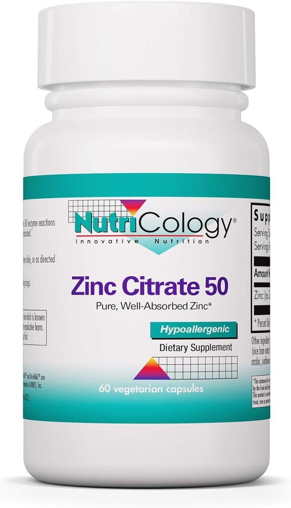 Nutricologie supplément de citrate de zinc - Zinc pour les hommes et les femmes, soutien immunitaire, pur, bien absorbé, bien toléré, minéral tracé, 50 mg Capsules végétariennes - 60 Compte