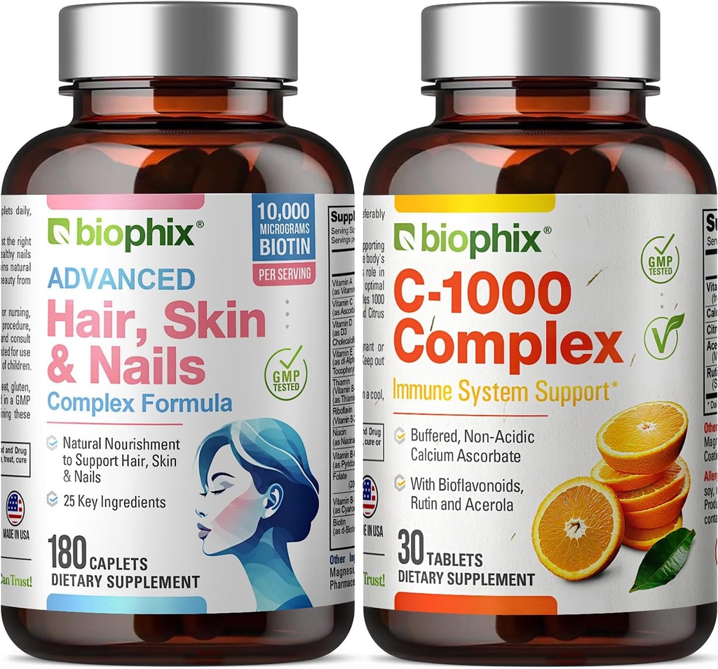 Hair Skin and Nails Complex 180 Caplets mit 10000 mcg Biotin - Kostenlose Vitamin C-1000 30 Tabletten - Multivitamin unterstützt starke Nägel Schönes Haar Gesundes Alter