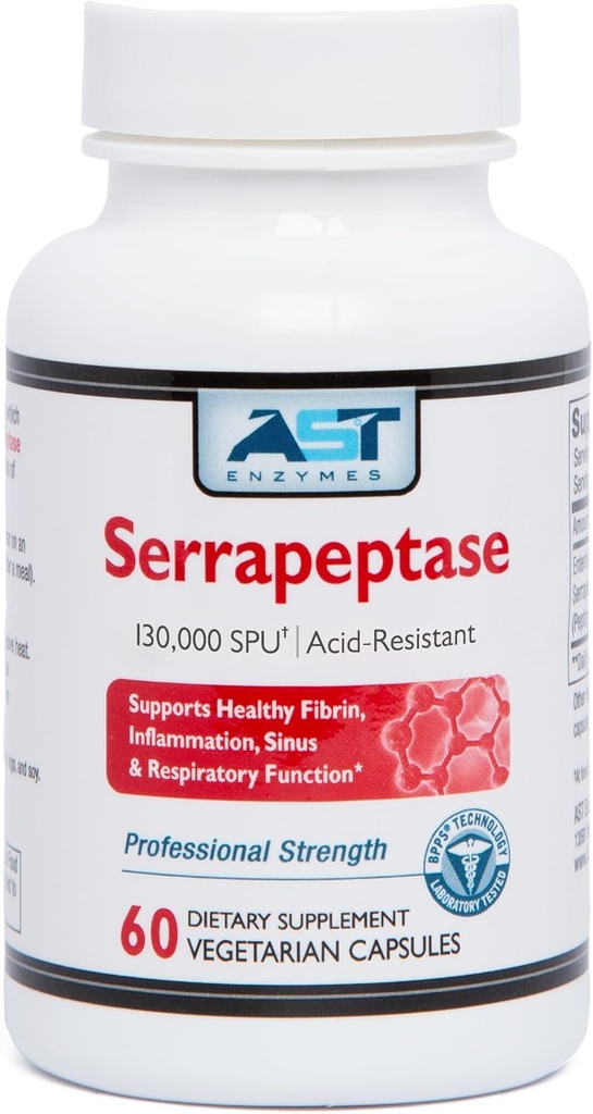AST Enzymes Serrapeptase 130,000 SPU – 60 Capsules Végétariennes – Enzymes Systémiques Naturels Premium – Serrapeptase résistante aux acides