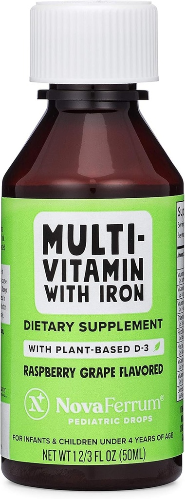 NovaFerrum Delish | Vegan Multivitamin mit Eisen für Kleinkinder, Kleinkinder und Kinder | Immununterstützung | Organic Plant-Based D-3 | Gluten Free | Vegan Verified | Sugar Free | 1.69 Fl Oz (50 mL)