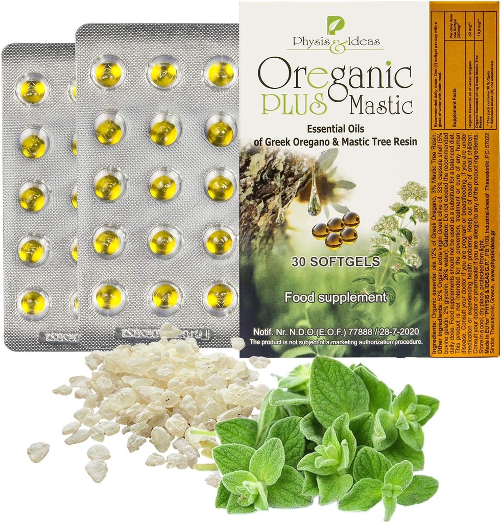 Oreganic Plus Mastic - Oregano Essential Oil Capsules & Chios Mastic Gum Oil - Wild Oregano Oil Capsules Organiques - Immune Booster et Soutien intestinal - Non-OGM - 30 Plaquette Count
