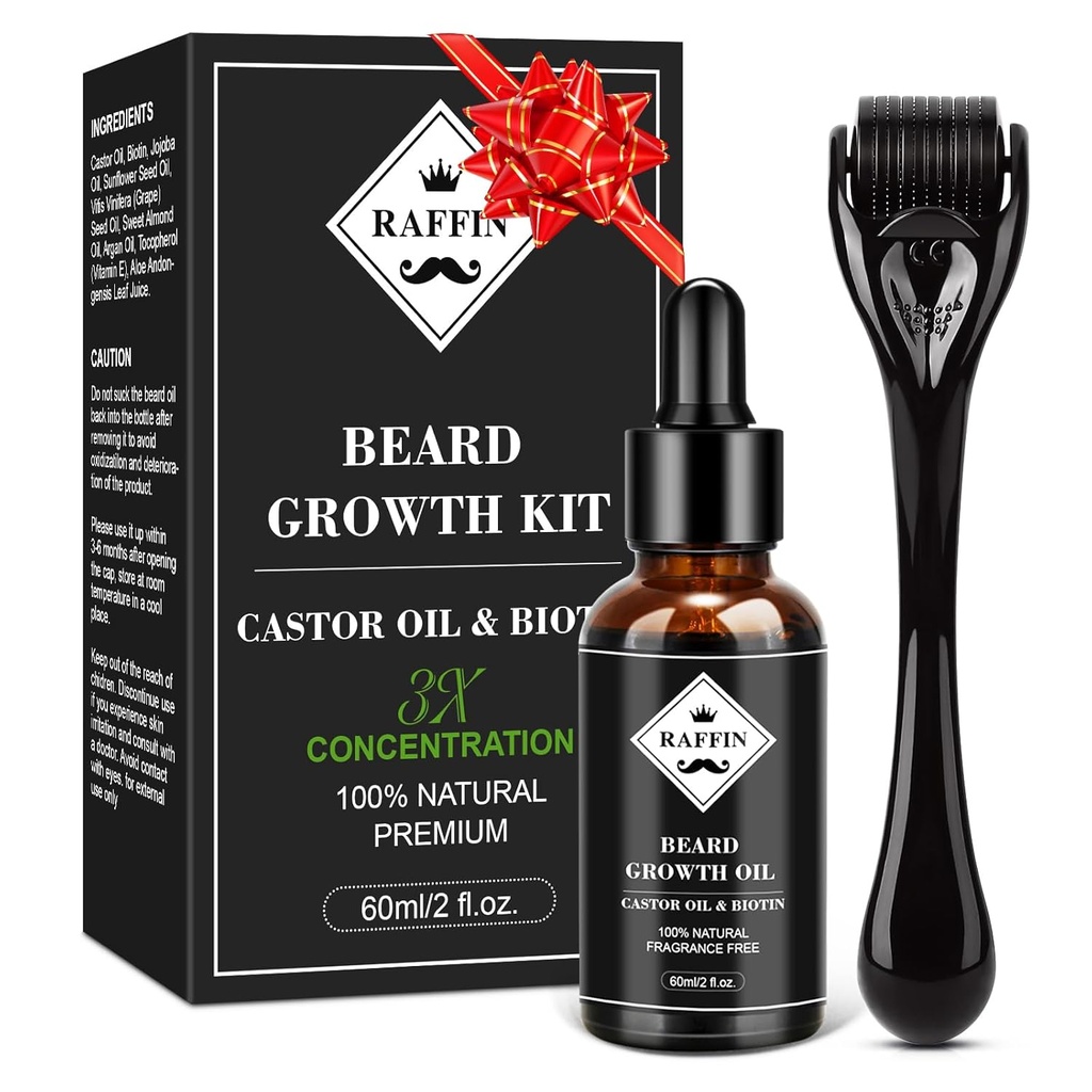 RAFFIN Bart-Wachstums-Kit, Aufgerüstete Bart-Wachstumsöl (2Oz) w/Maximum Verdickung Biotin & Castor-Öl für Spot/Patchy-Beard, Achieve Fuller, Thicker & Gesunde Barte, Geschenke für ihn Freund Ehemann Dad