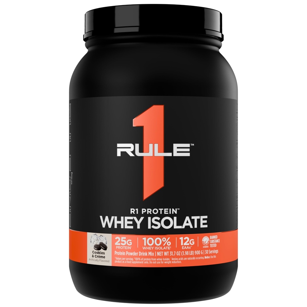 Regel 1 R1 Protein Whey Isolate - mit 25g Protein & 6g BCAA Exklusiv von isolierten & hydrolysierten Quellen für Workout Recovery (2 Pfund*, Cookies & Crème)