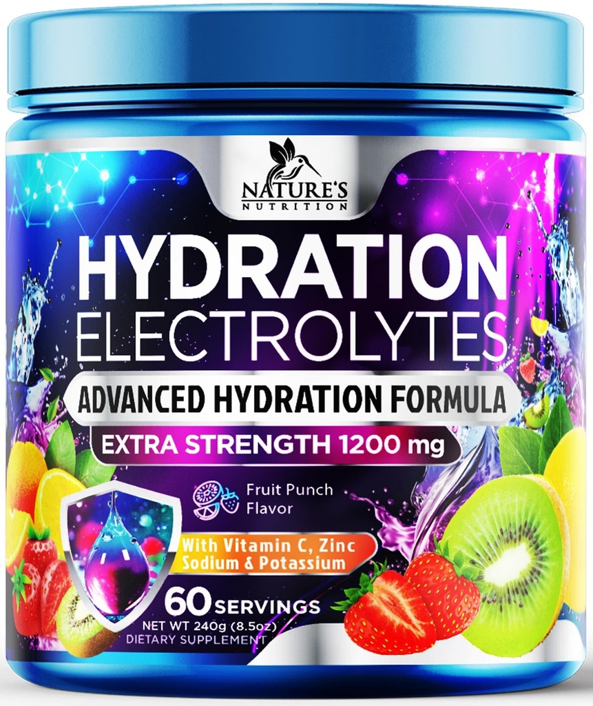 Hydration Electrolyte Powder 1200mg - Daily Liquid Replenisher Drink Mix - Elektrolyt Multiplier mit Mineralien, Kalium & Real Salz, Keto, Non-GMO - Tasty Fruit Flavor Electrolytes - 60 Portionen