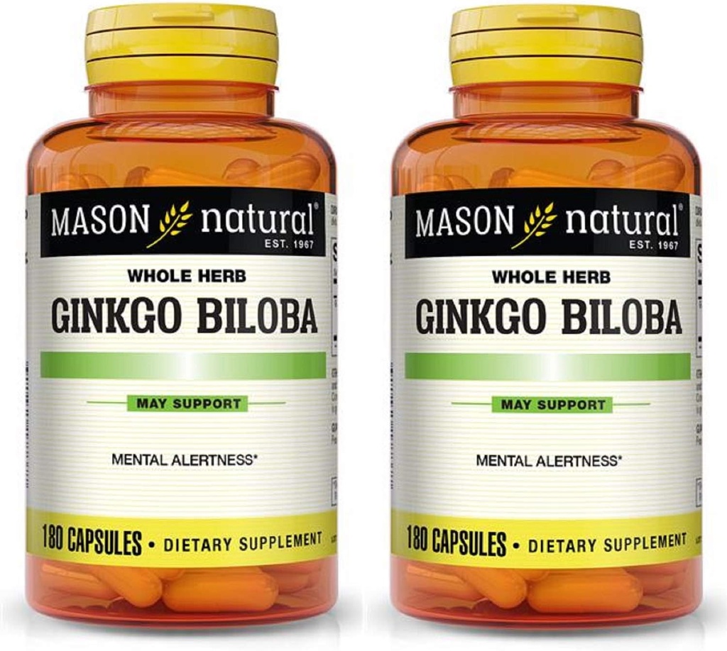 Mason Vitamins Ginkgo Biloba 500 mg 180 Gelatine Kapseln pro Flasche, Packung mit 2 Flaschen Gesamt 360 Kapseln