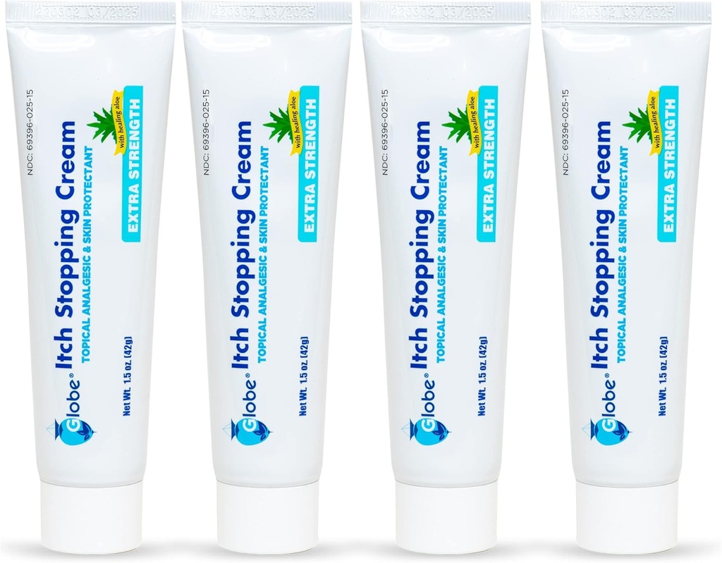 (4 Pack) Globe Extra Strength Itch Stoppen Anti-Itch Cream 1.5 Oz mit Histamin Blocker, Diphenhydramin HCl Themaale Analgetik & Zink-Azetat Hautschutz für Relief vor den meisten Outdoor Itches