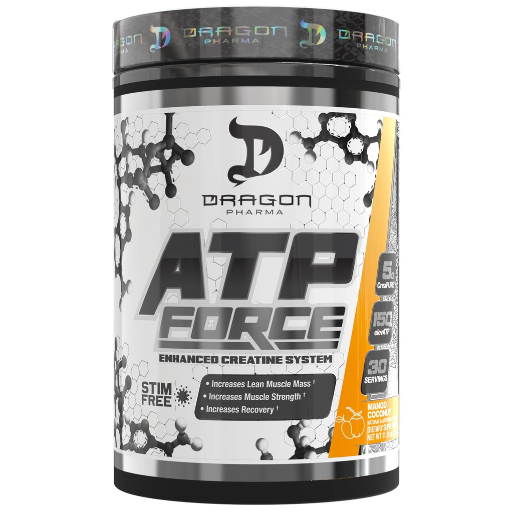 DRAGON PHARMA ATP Force Enhanced Creatine System, Stim-Free, Lean Muscle Maß & Recovery, 5 Gramm CreaPure, verbessert den Blutfluss (30 Servierungen, Mango Coconut)