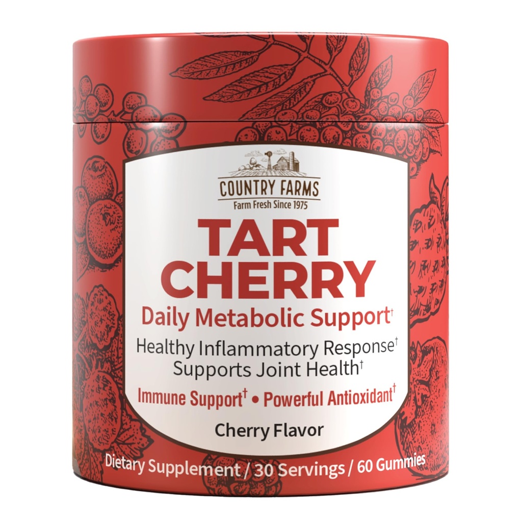 Fermes de campagne Gommies de Tart Cherry, Soutien métabolique Dialy, Soutien à la santé des os, Emballé avec des antioxydants potentiels, Flavor Cherry, 60 Gommies