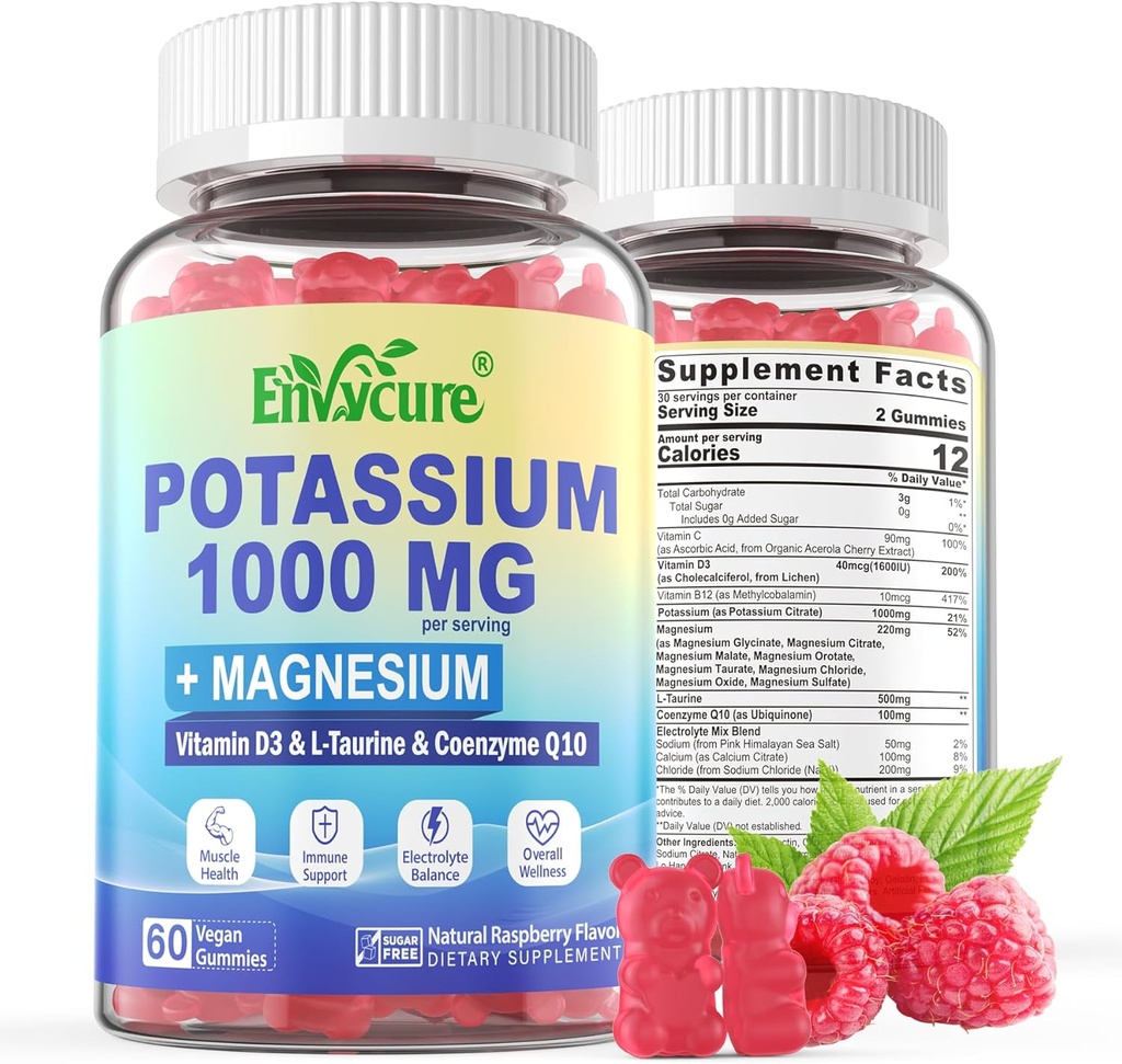 Kalium-Ergänzungsgummis - 1000mg Kalium-Zitrat mit Magnesium-Komplex/Glycinat/Kitrat, Coq10, L-Taurin, B12,D3–Elektrolyt, Energie, Gehirn - Kalium-Magnesium-Ergänzung für Erwachsene, 2Pack