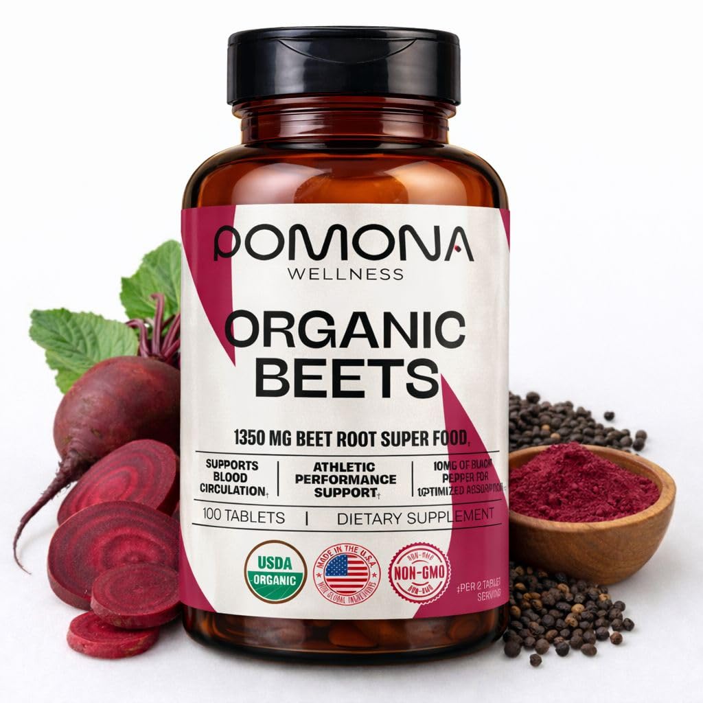 Pomona Wellness supplément de betterave en poudre 1350mg, soutient la pression artérielle, la santé cardiaque, la circulation, l'énergie et la performance athlétique, USDA biologique, non-OGM, végétalien, 100 comprimés
