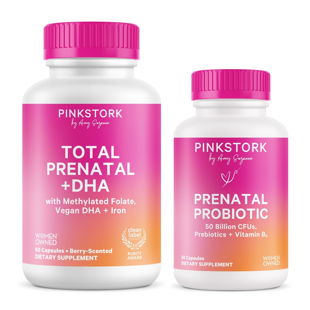 Pink Stork Vitamine Prénatale Duo : Vitamines et probiotiques prénatals pour les femmes enceintes - Maladie matinale et soutien au développement foetal avec DHA, Folate, Vitamine B6, et plus - 2 Produits, 90 Capsules