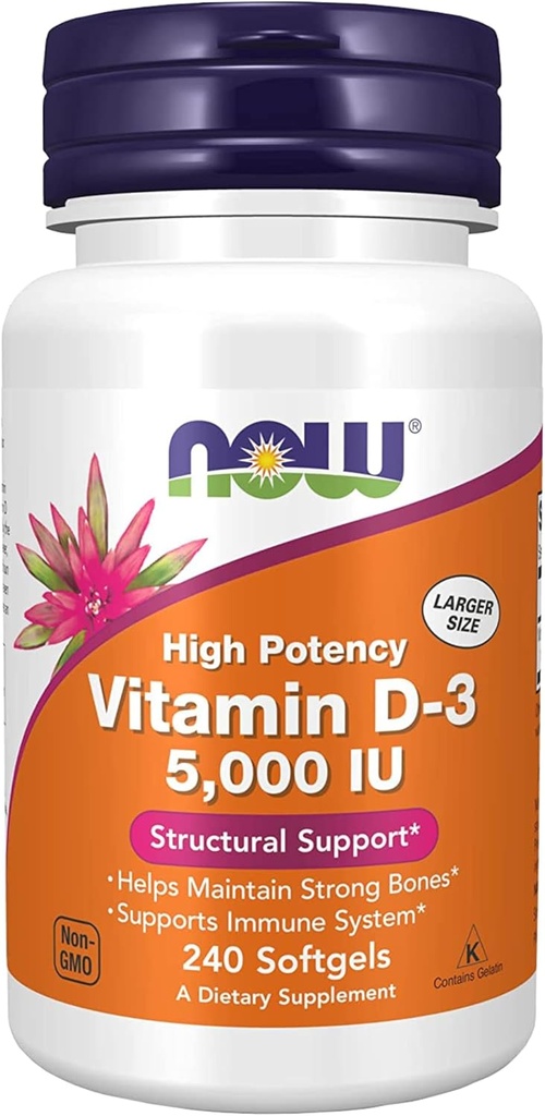 JETZT Ergänzungen, Vitamin D-3 5.000 IU, Hohe Potenz, strukturelle Unterstützung*, 240 Softgels mit weltweiter Ernährung Keychain
