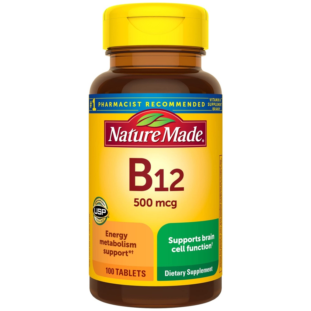 Nature faite vitamine B12 500 mcg, complément alimentaire pour le métabolisme énergétique, 100 comprimés, 100 jours d'approvisionnement