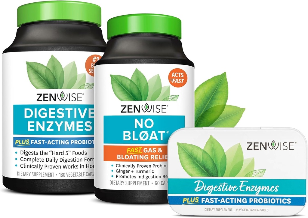 Zenwise Health Digestive Enzyme, No Bloat, und Free Travel Tin mit Probiotika für Verdauungs- und Gutgesundheit | Bloating Relief für Frauen und Männer