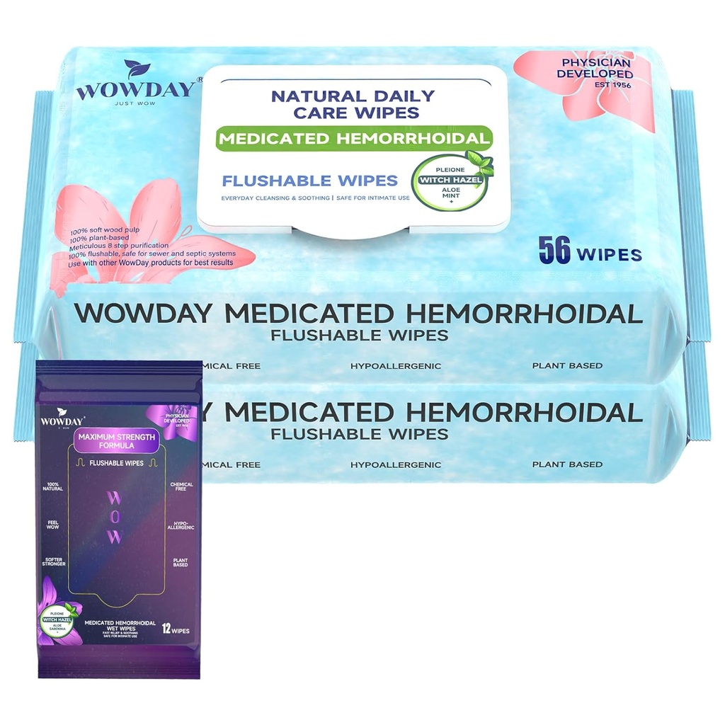 Flushable Hemorrhoid Wipes | Medicated Witch Hazel Wipes Ph Balanced | 112 Count Fragrance Free Adult Hemorrhoid Treatment Witch Hazels Wipe for Butt Itch Relief Soothing