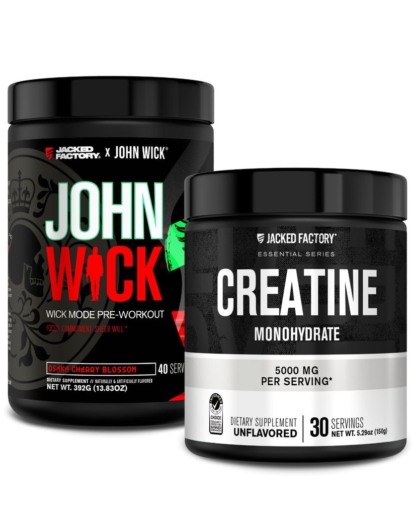 Jacked Factory X John Wick - Wick Mode Pre Workout Powder (Osaka Cherry Blossom, 40 Portionen) & Kreatin Monohydratpulver (Unflavored, 30 Portionen)