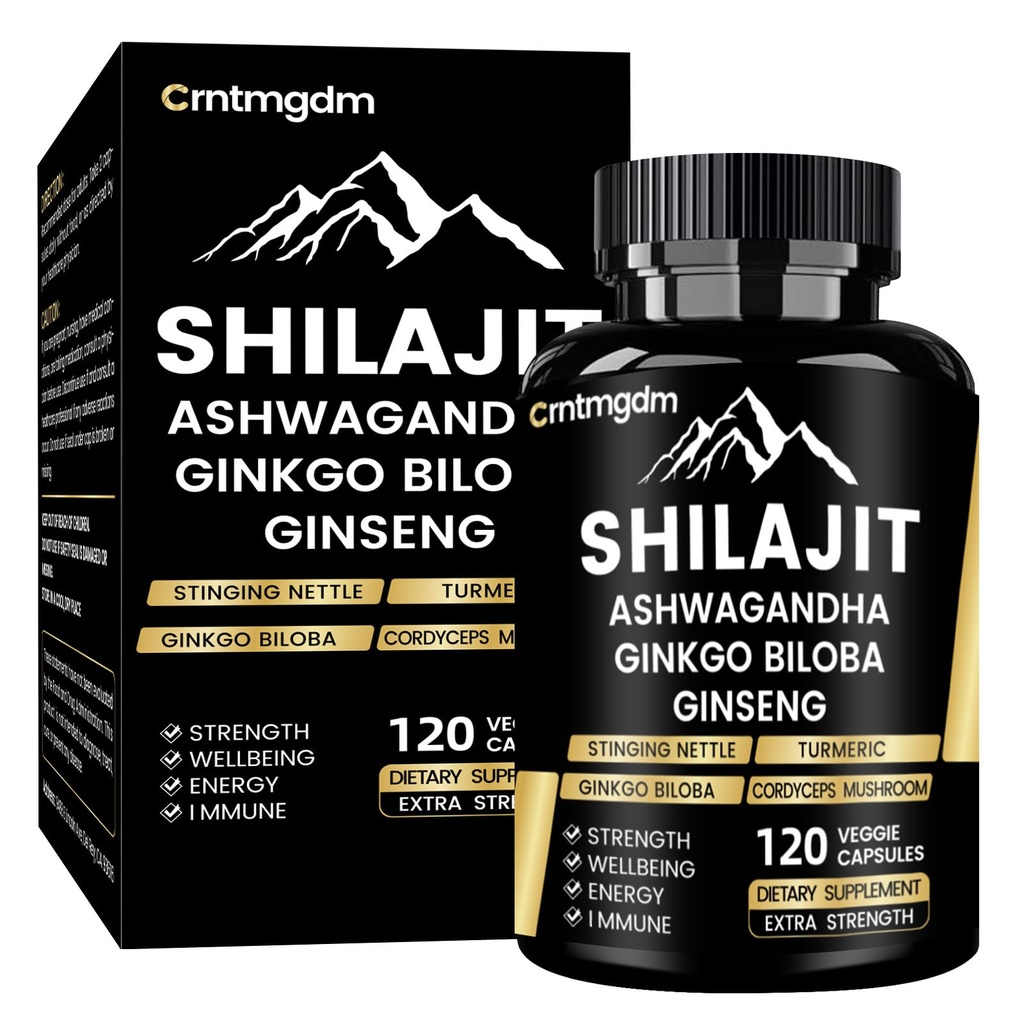 Shilajit Kapseln - 20.000mg Pure Himalayan Organic Shilajit für Männer und Frauen mit Ashwagandha, unterstützt Vitalität und Wellness, Premium Shilajit Pure Himalayan Supplement, 120 Kapseln