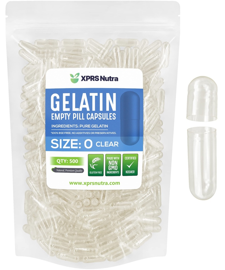 XPRS Nutra Taille 0 Capsules vides - 500 Comptabilité Capsules de gélatine vides - Pills pour remplissage de gélules de bricolage - Caps de gel de pilules pures pour bricolage