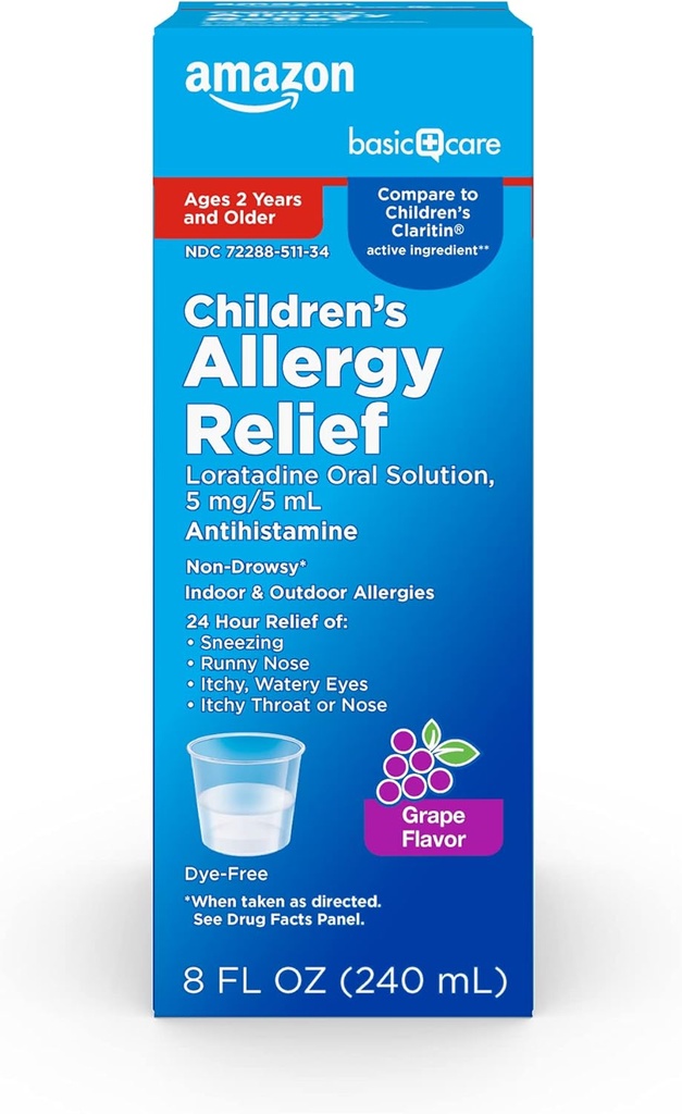 Soins de base Enfants Allergie, 24 heures Loratadine Solution orale 5 mg/5 mL, Antihistaminique non somnolente, Arôme de raisin, 2 ans et plus, 8 fl oz (paquet de 1)