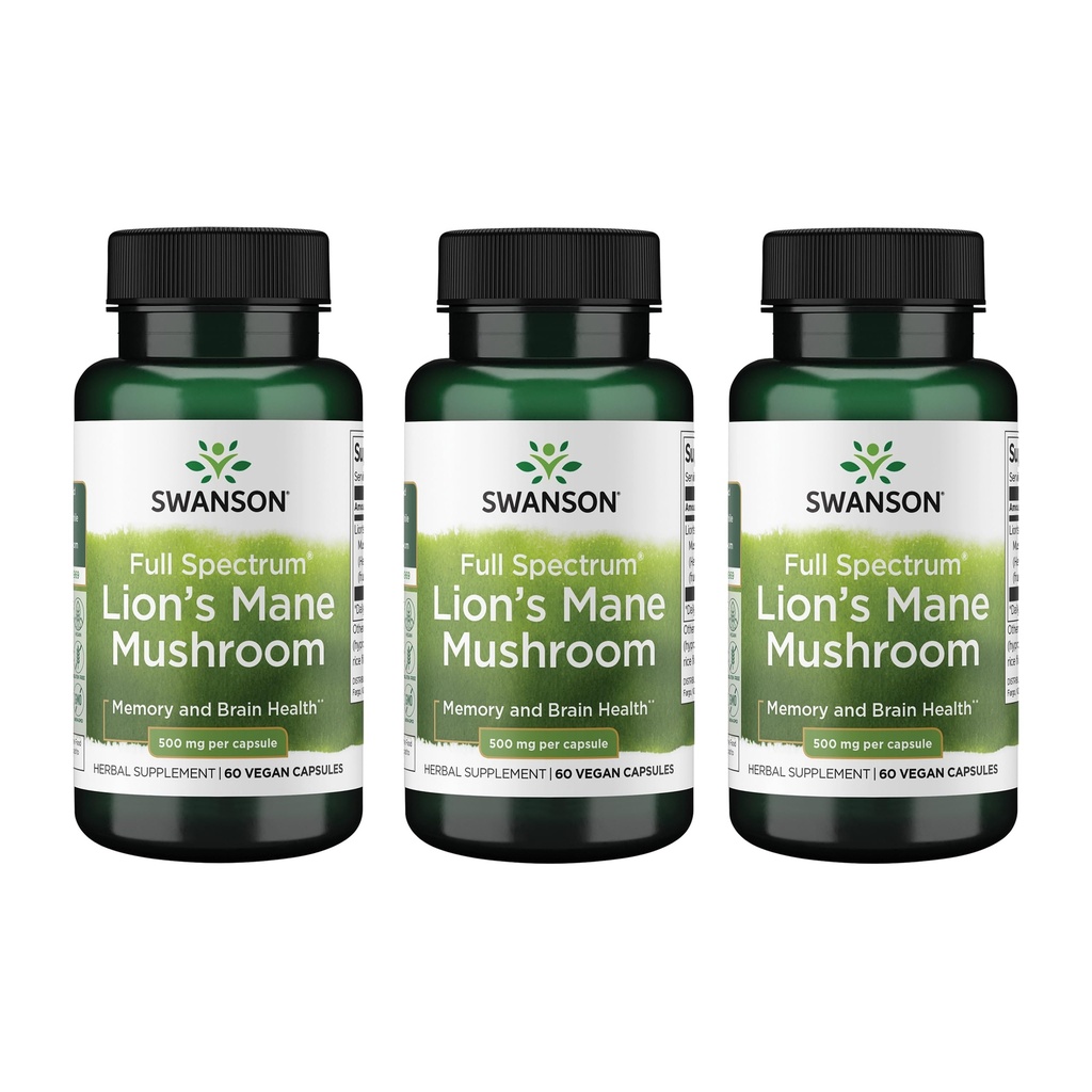 Swanson Lion's Mane Mushroom - Traditionelle Brain Booster Ergänzung Hericium Erinaceus (60 Kapseln, 500mg Jeder) 3 Pack