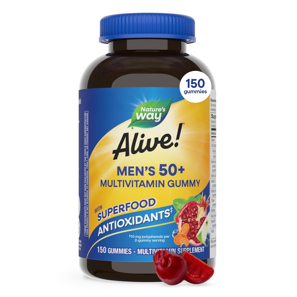Nature's Way Alive Men=50+ Daily Gummy Multivitamins, soutient le cerveau en santé, les yeux, le cœur*, B-Vitamines, sans gluten, aromatisé aux fruits, 150 Gummes (paquetage mai Vary)