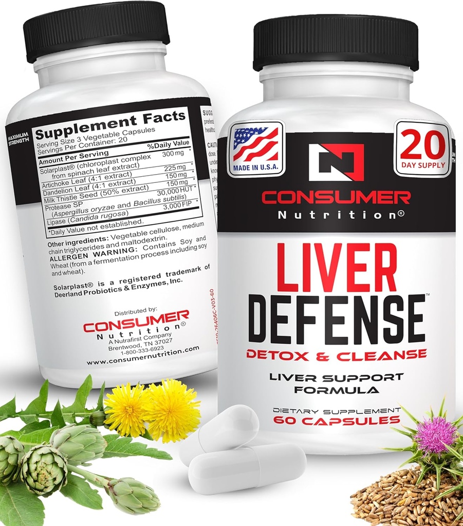 Liver Support Supplement - Liver Defense Liver Cleanse Detox - Made with Solarplast, Artichoke Leaf, Milk Thistle Seed, & More - für Metabolism & Immune Response 60 Kapseln