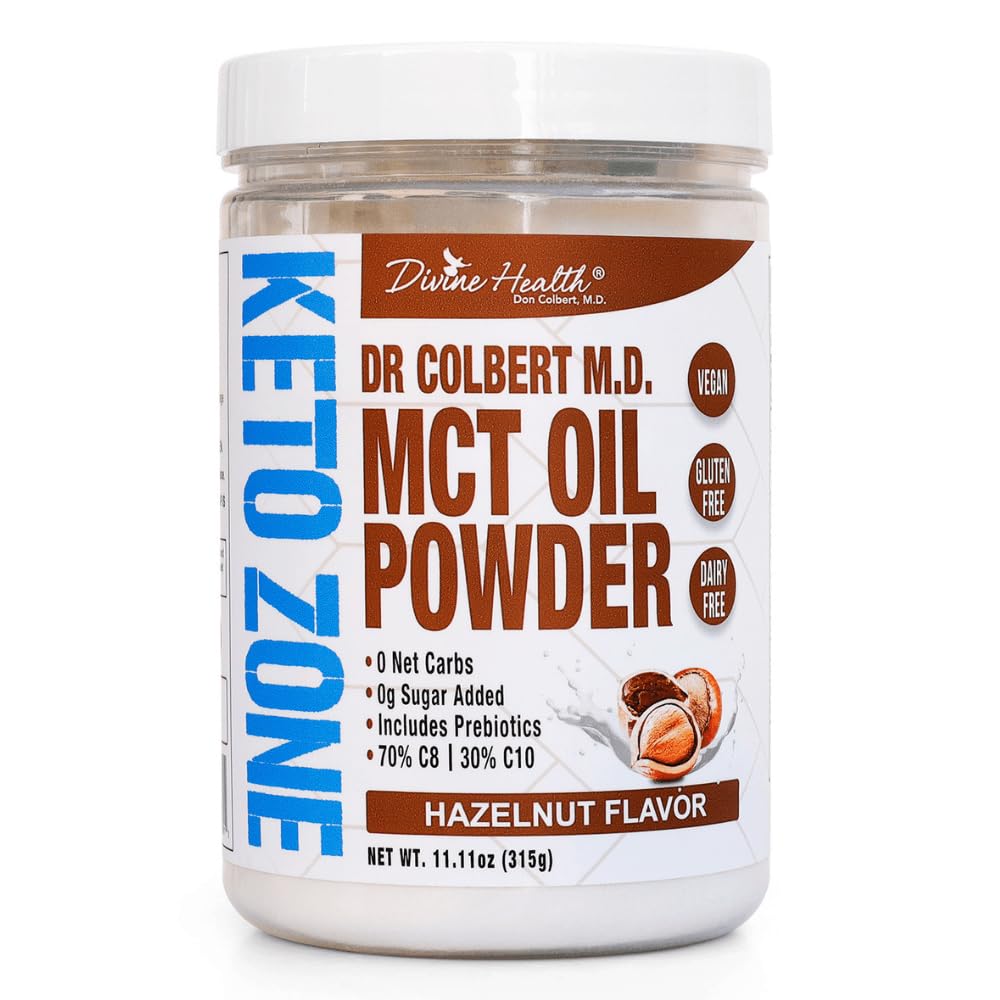 Göttliche Gesundheit Dr. Colbert, MD MCT Ölpulver | Hazelnut Flavor Empfohlen in Keto Zone Diät-Buch | Kaffee Creamer | 70% C8 30% C10 | 0 Net Carbs | 30 Tage Versorgung | 330 G