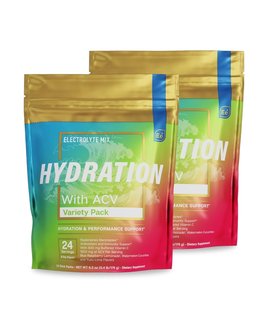 Essential Elements® Packs d'hydratation - Conditionnement varié - Poudre d'électrolytes Pas de sucre - Mélange de boisson d'électrolyte - Hydratation supérieure avec vinaigre de cidre et vitamine C - Boîtes de 48 bâtons