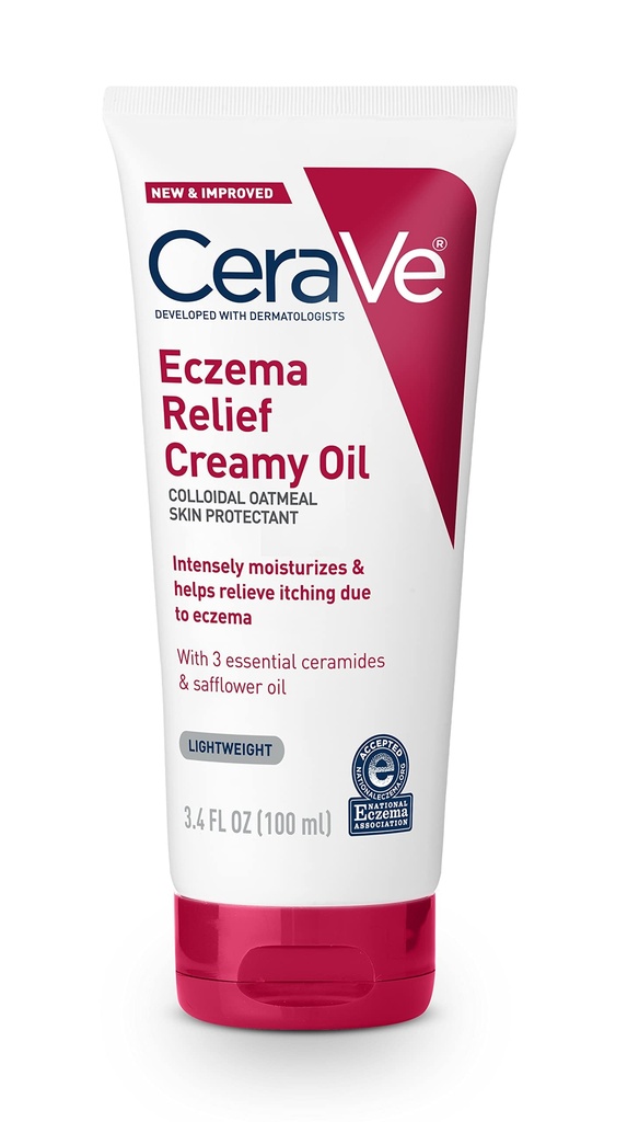 CeraVe Eczema Relief Huile Crémeuse pour le corps, crème calmante Eczema avec huile colloïdale d'avoine et de carthame pour peau sèche et déchiquetante, sans stéroïdes et sans parabène, 3,4 Ounce