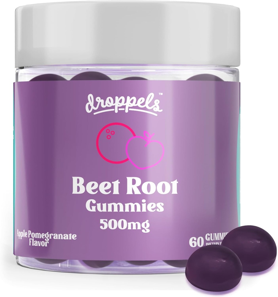 Gommies de racines de betteraves Droppels avec poudre de betterave 500mg, Extrait de graines de raisin 300mg, Vitamine B12 & Niacine.